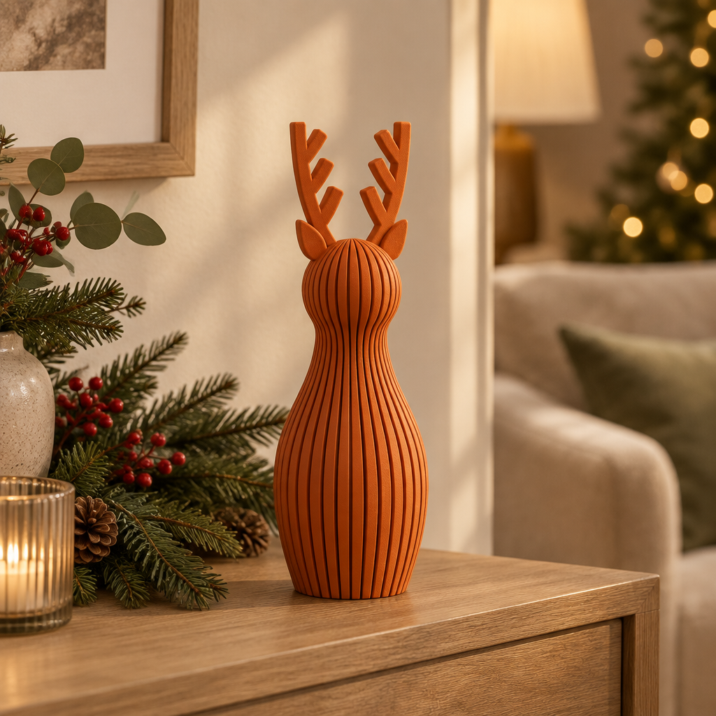 A single orange ribbed reindeer ornament on a console in a warm neutral living room