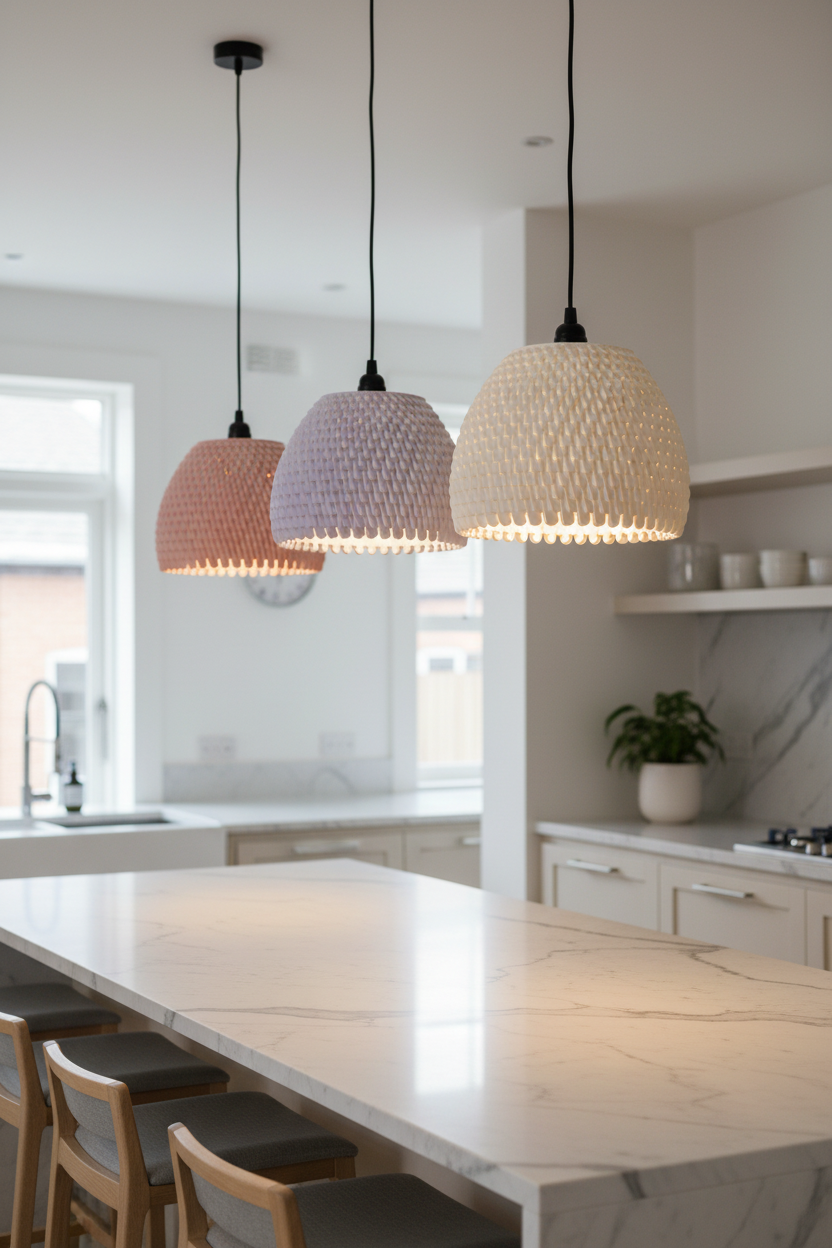 Trio cluster pink lilac ivory staggered lampshades above marble kitchen island - lifestyle