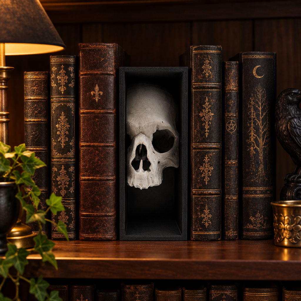 Paint-ready skull book nook between classic books in a warm home library