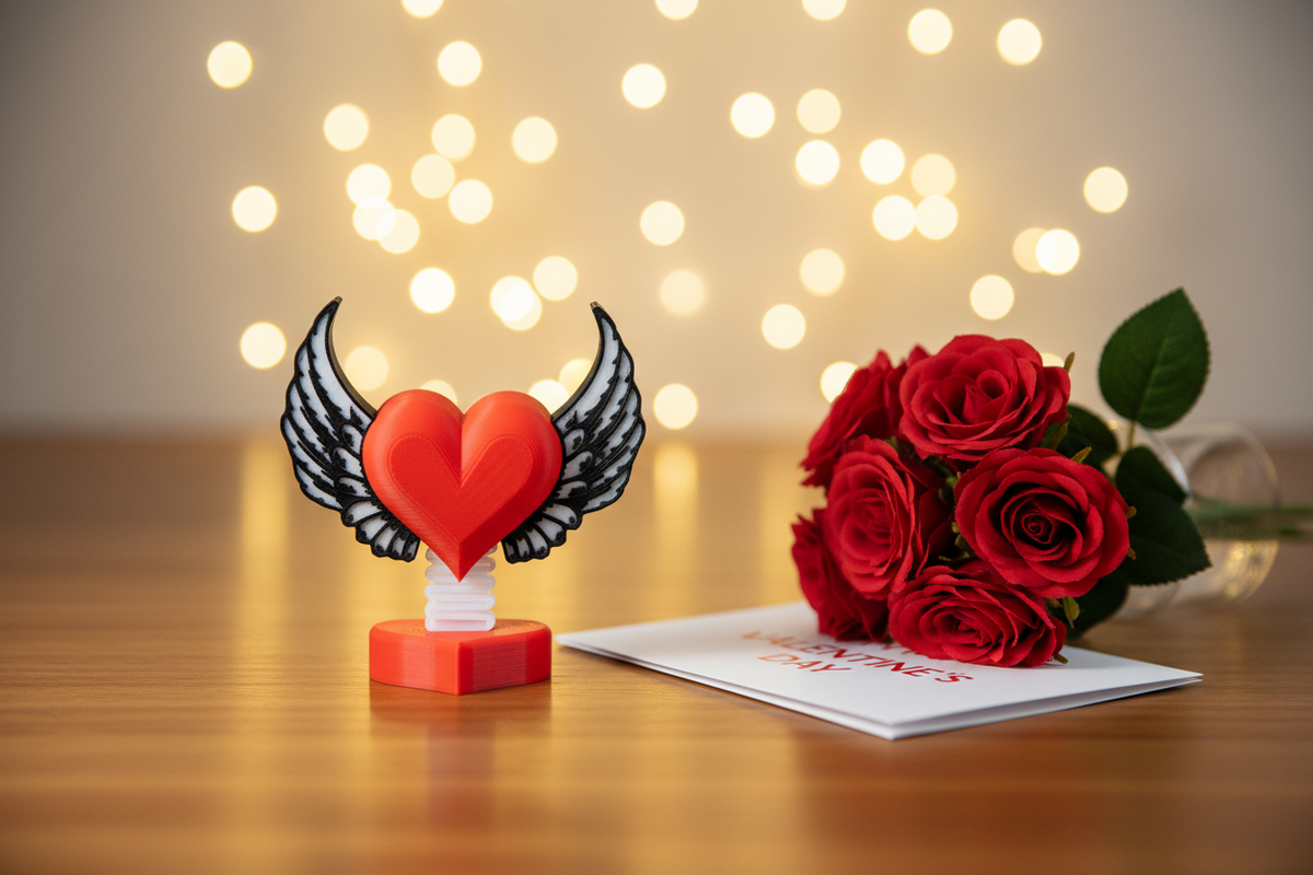 Valentine's Day Springie on desk with Valentine's card, roses and fairy lights