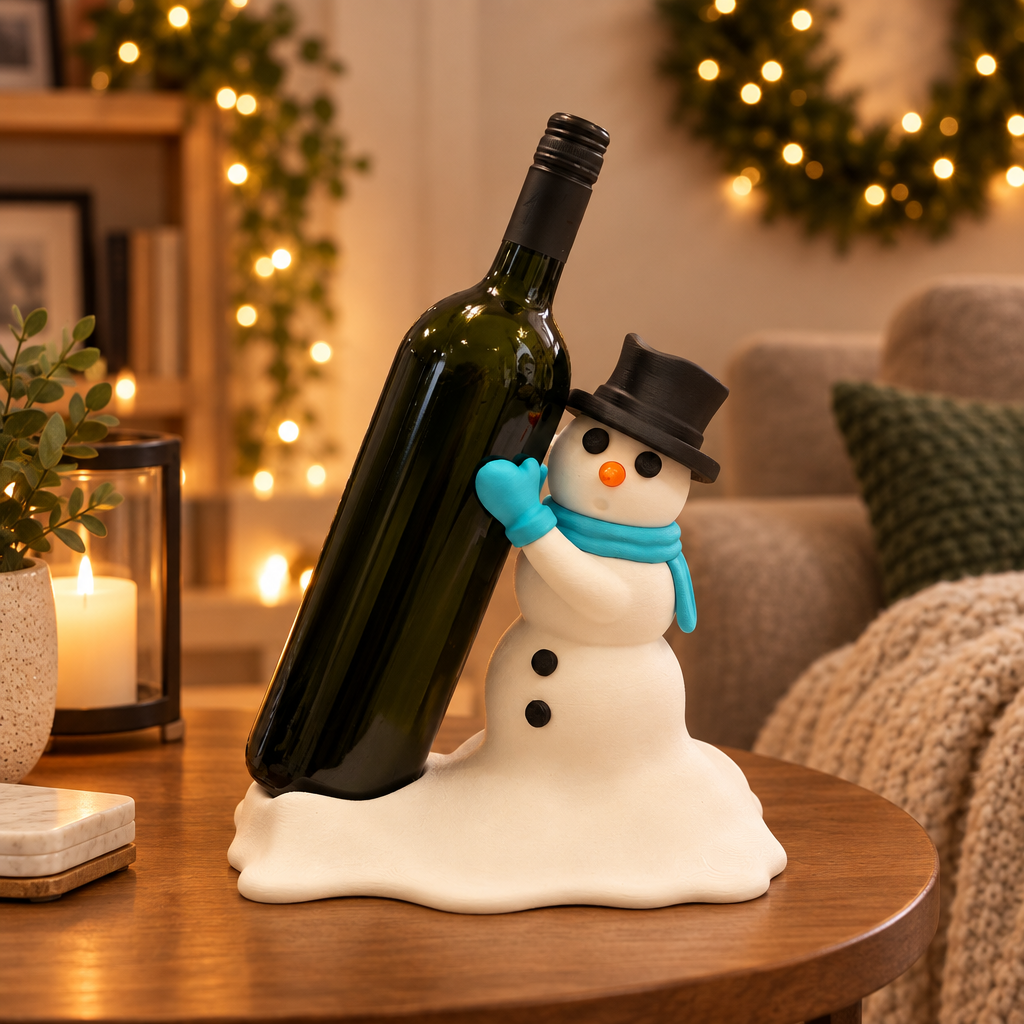 Snowman bottle holder and plain bottle on a side table with festive lights