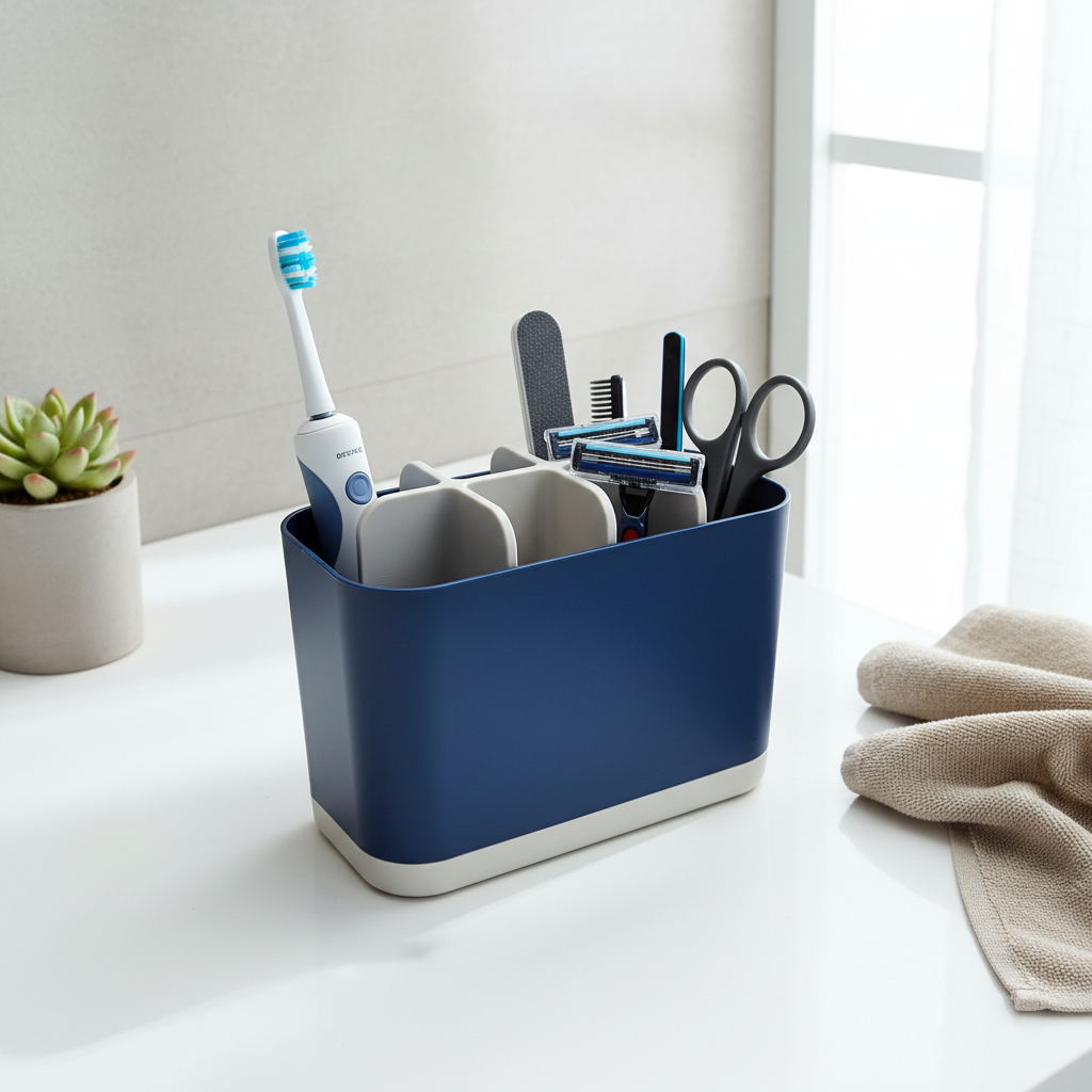 Navy blue two-tone bathroom organizer on white counter with succulent and hand towel