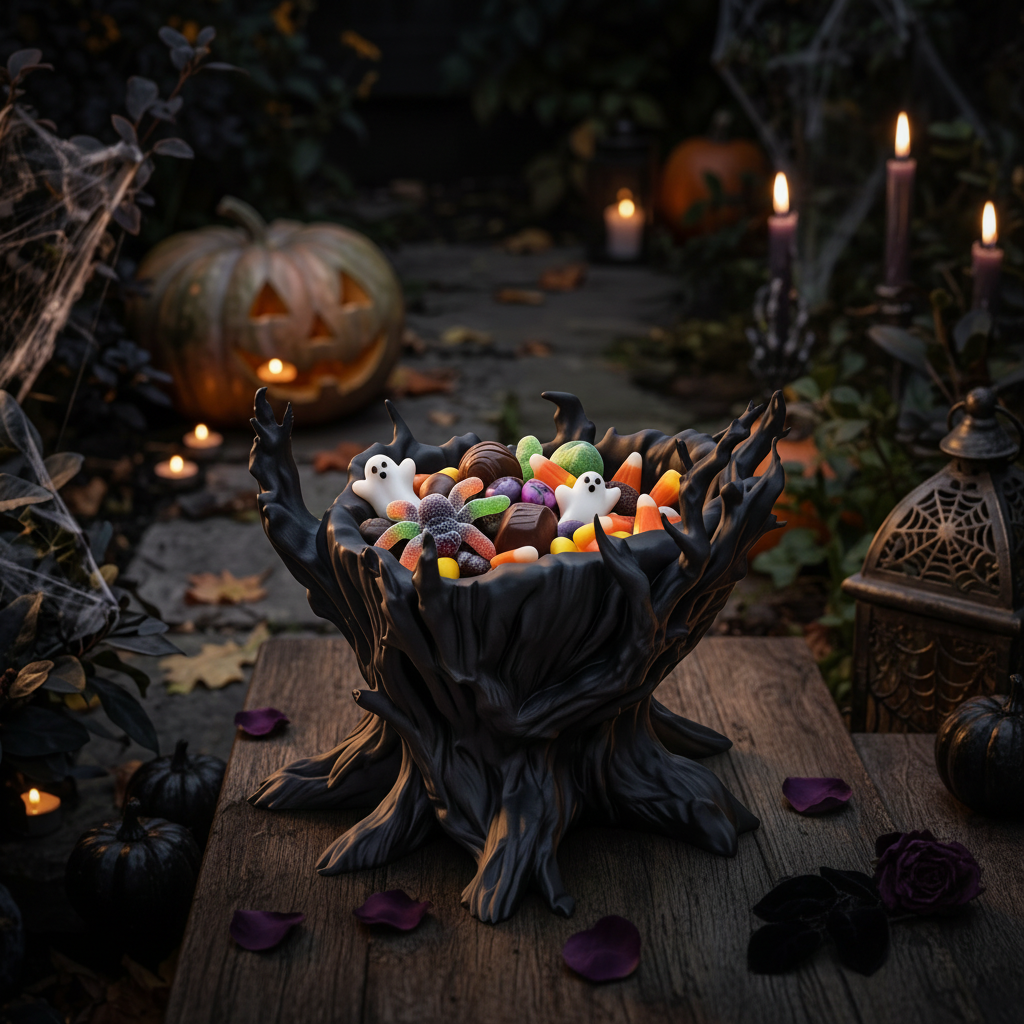 Halloween Hollow Tree Candy Bowl in grey — filled with colourful Halloween sweets at a Halloween party with pumpkins and lanterns