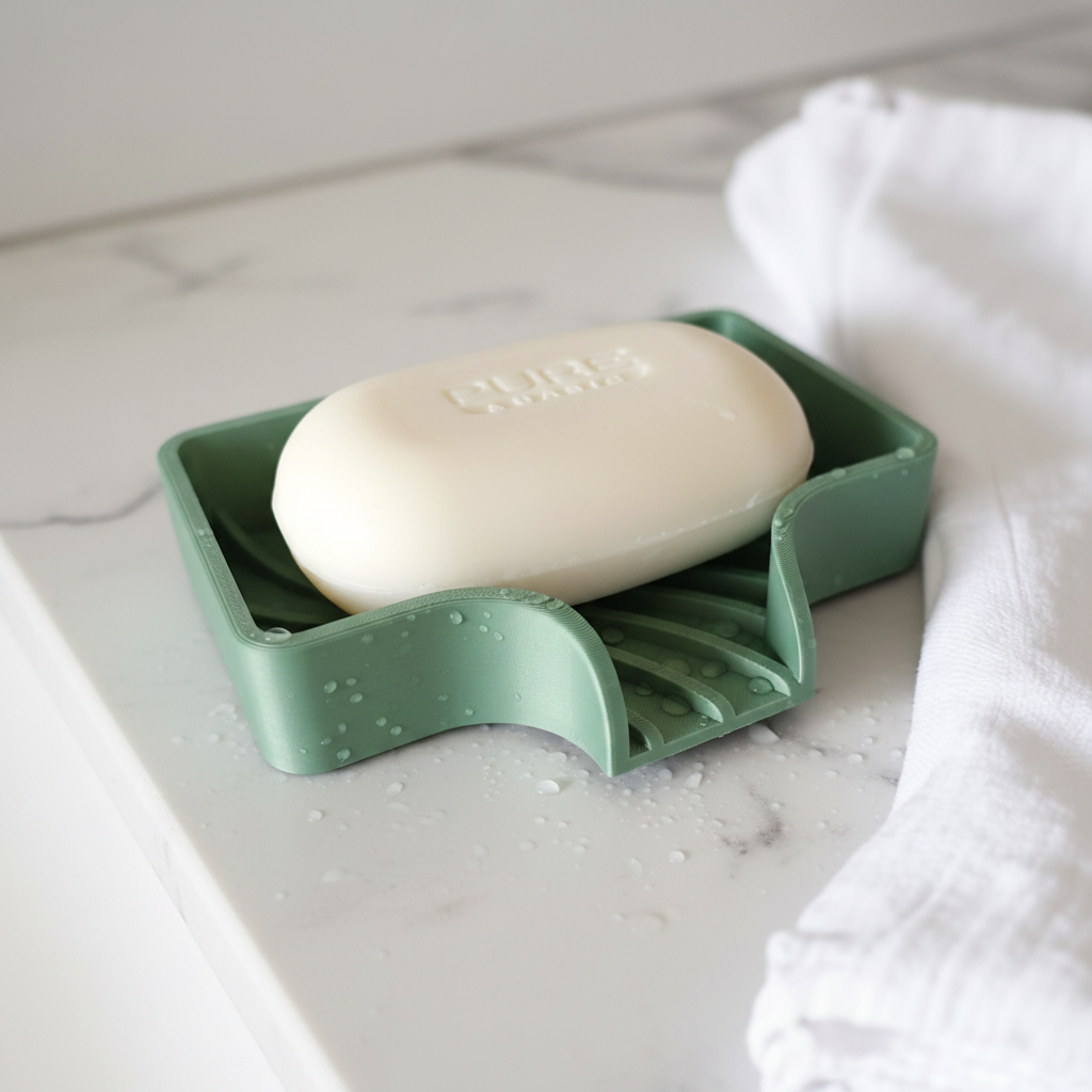 Sage green curved soap dish on white marble sink edge with bar of soap and water droplets