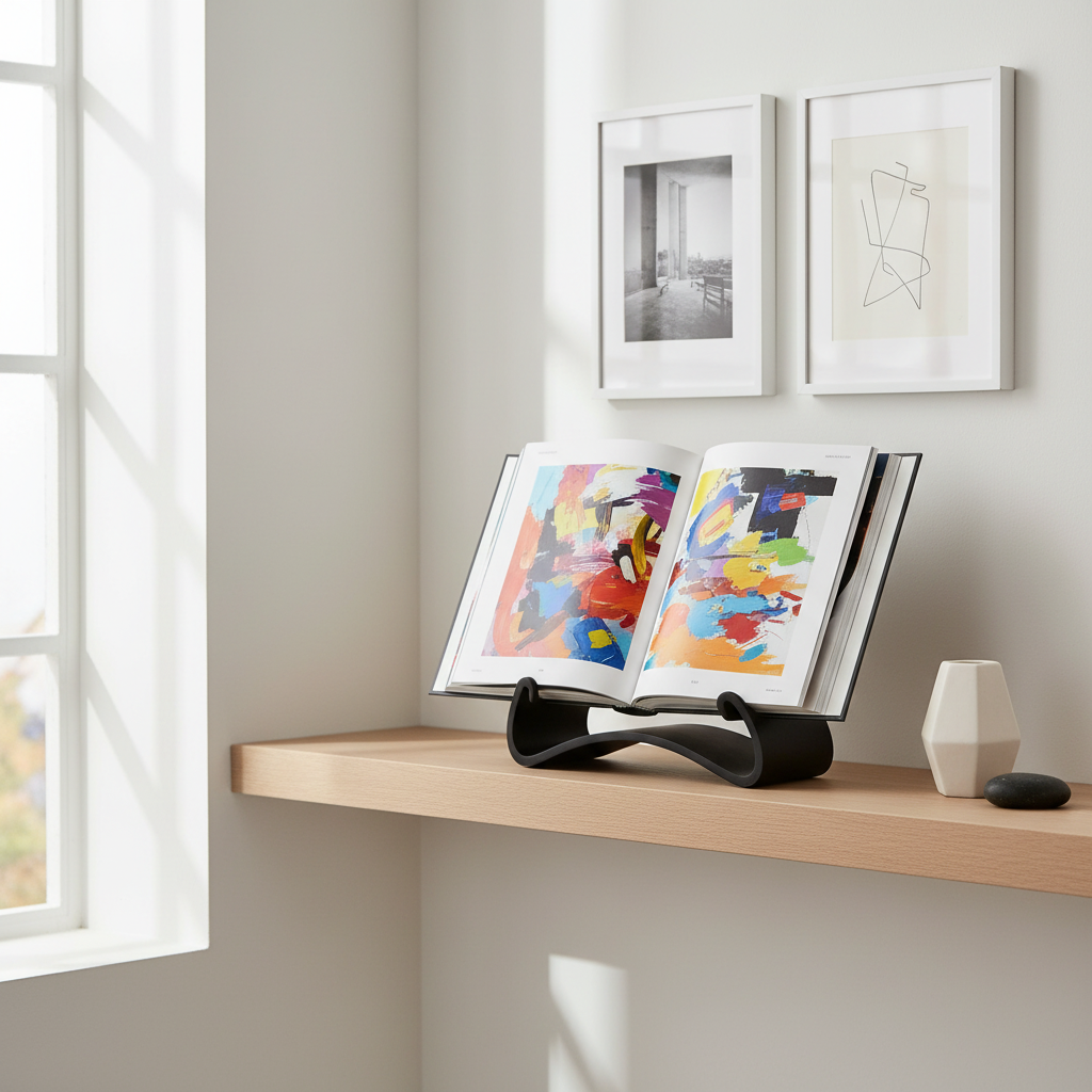 Black Wavy Book Stand displaying an art book on a gallery-style shelf with framed prints