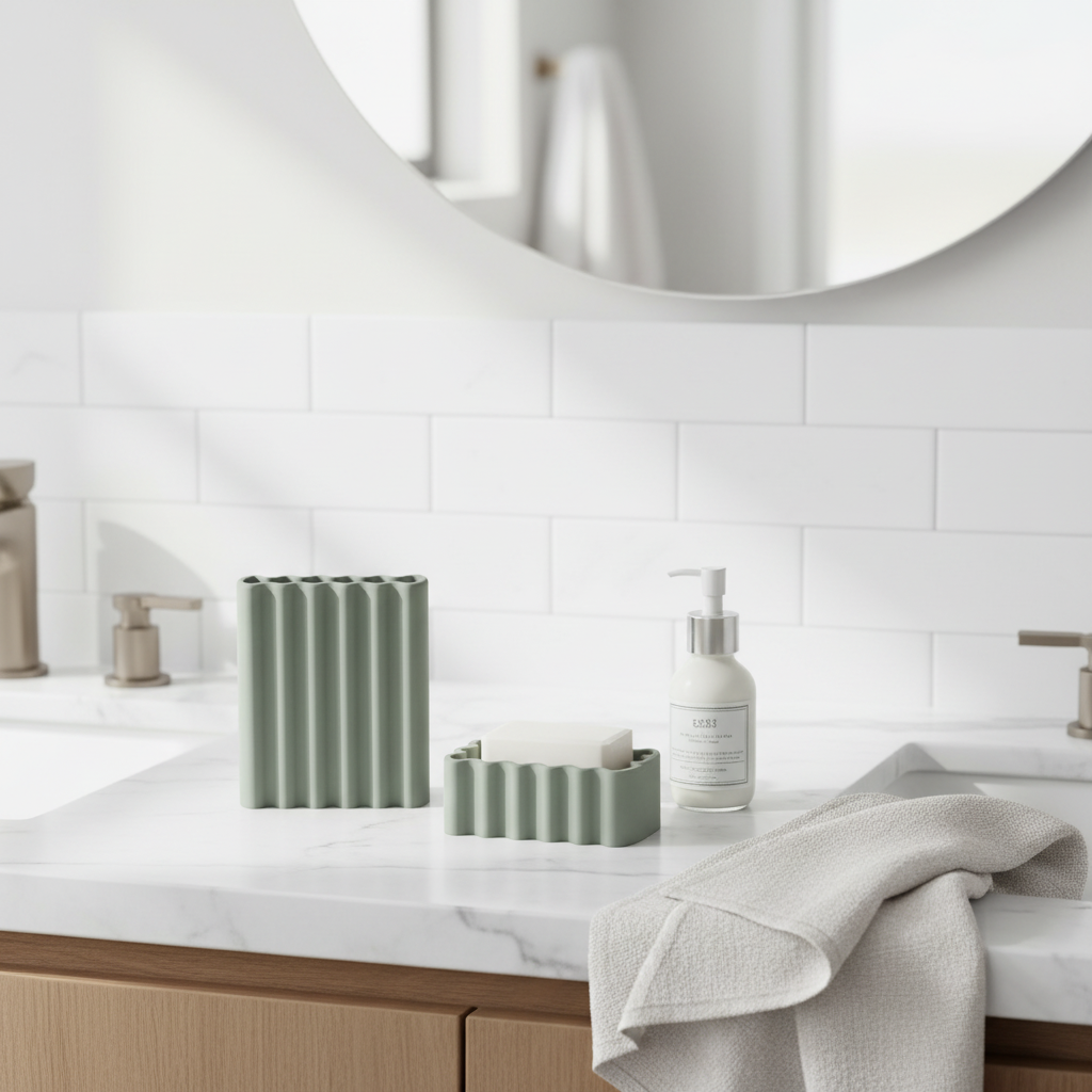 Sage green ripple toothbrush holder on white marble vanity with matching soap dish and linen towel lifestyle