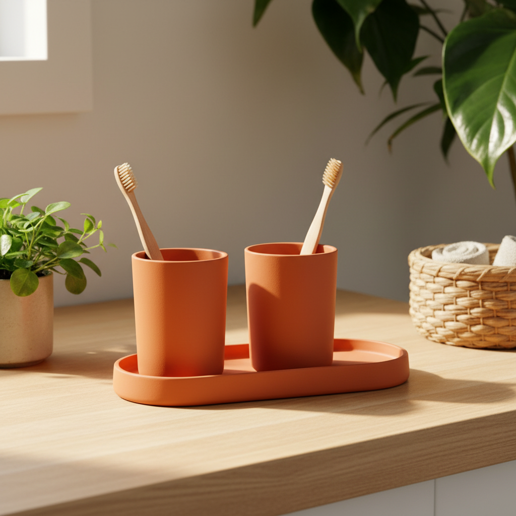 Terracotta orange calm sink set on wooden bathroom counter with bamboo toothbrushes, plant and wicker basket