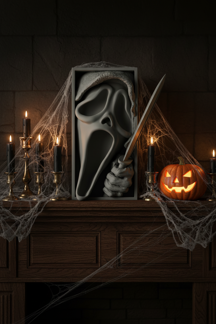 Scream book nook relief sculpture grey framed box dark oak mantelpiece black pillar candles brass holders cobwebs carved glowing pumpkin dramatic Halloween candlelight interior portrait