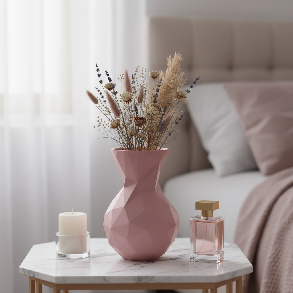 Dusty pink low poly vase with dried wildflowers on a marble side table with candles