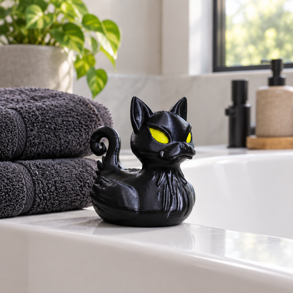 Glossy black cat bath duck displayed on the edge of a modern white bathtub