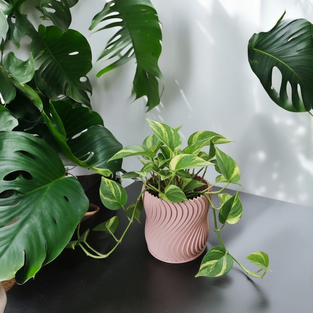 Dusty pink turbine wheel planter with trailing pothos on a dark marble surface with monstera leaves