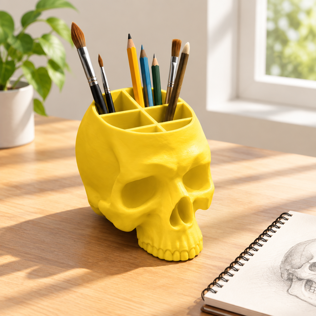 Yellow skull desk organiser holding paintbrushes and pencils
