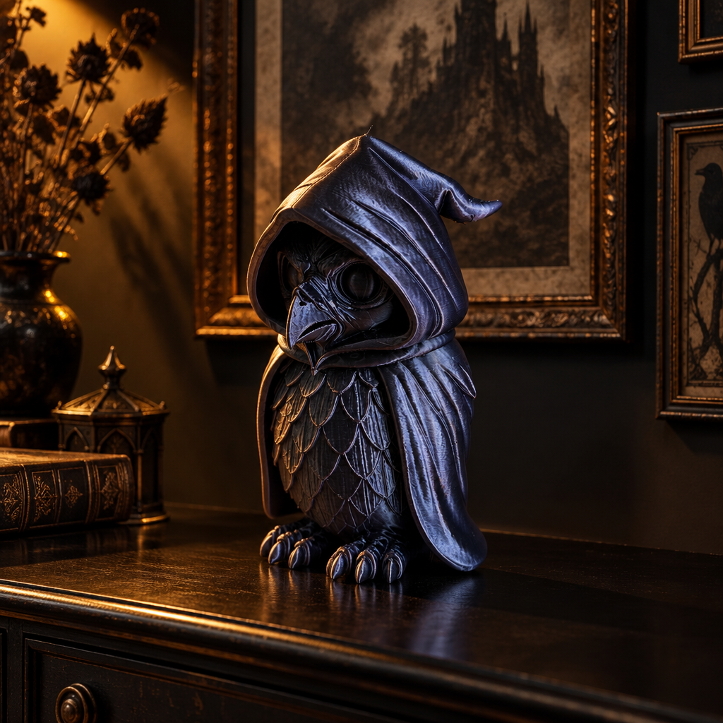 Cloaked Owl sculpture on a dark gothic sideboard