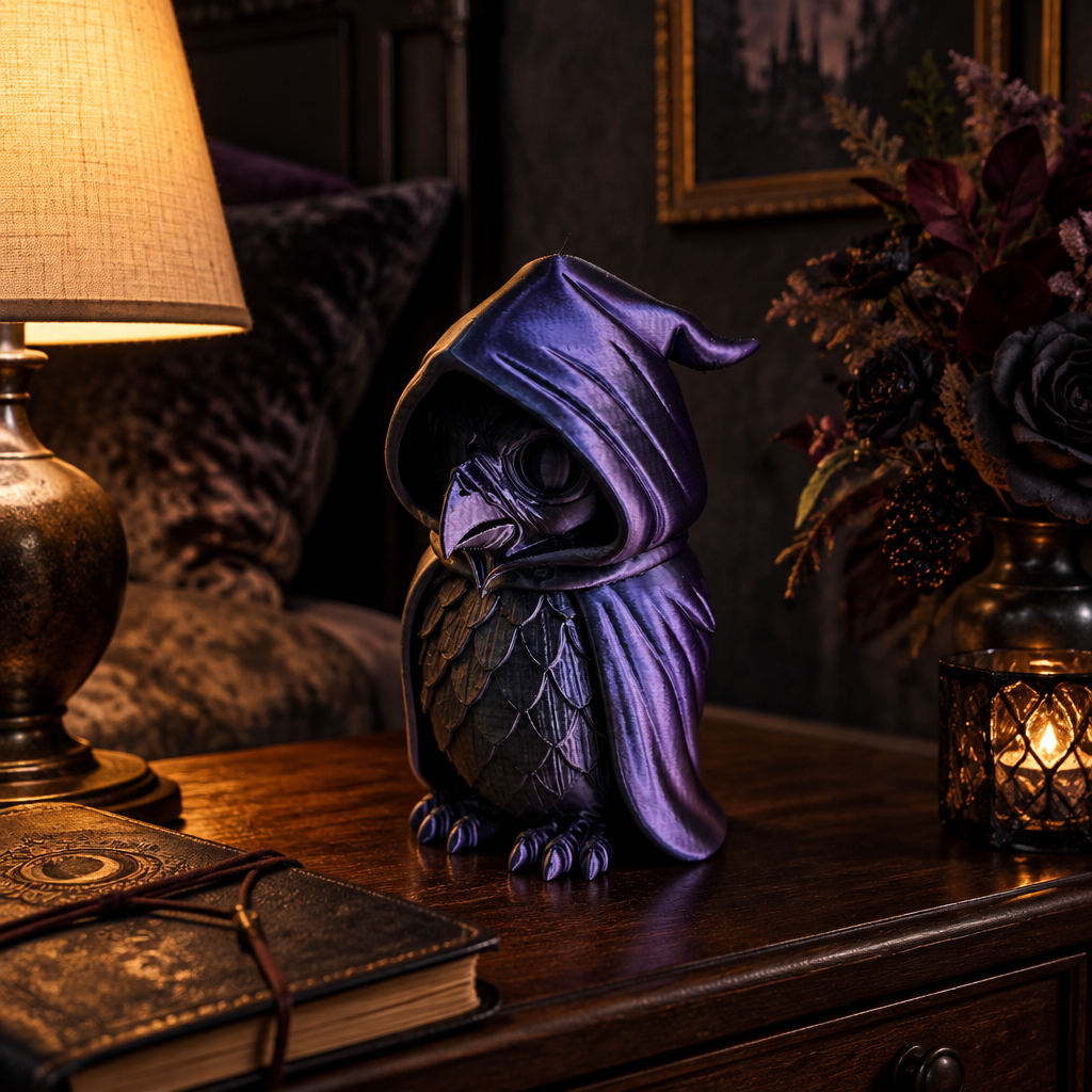 Cloaked Owl sculpture on a gothic bedside table