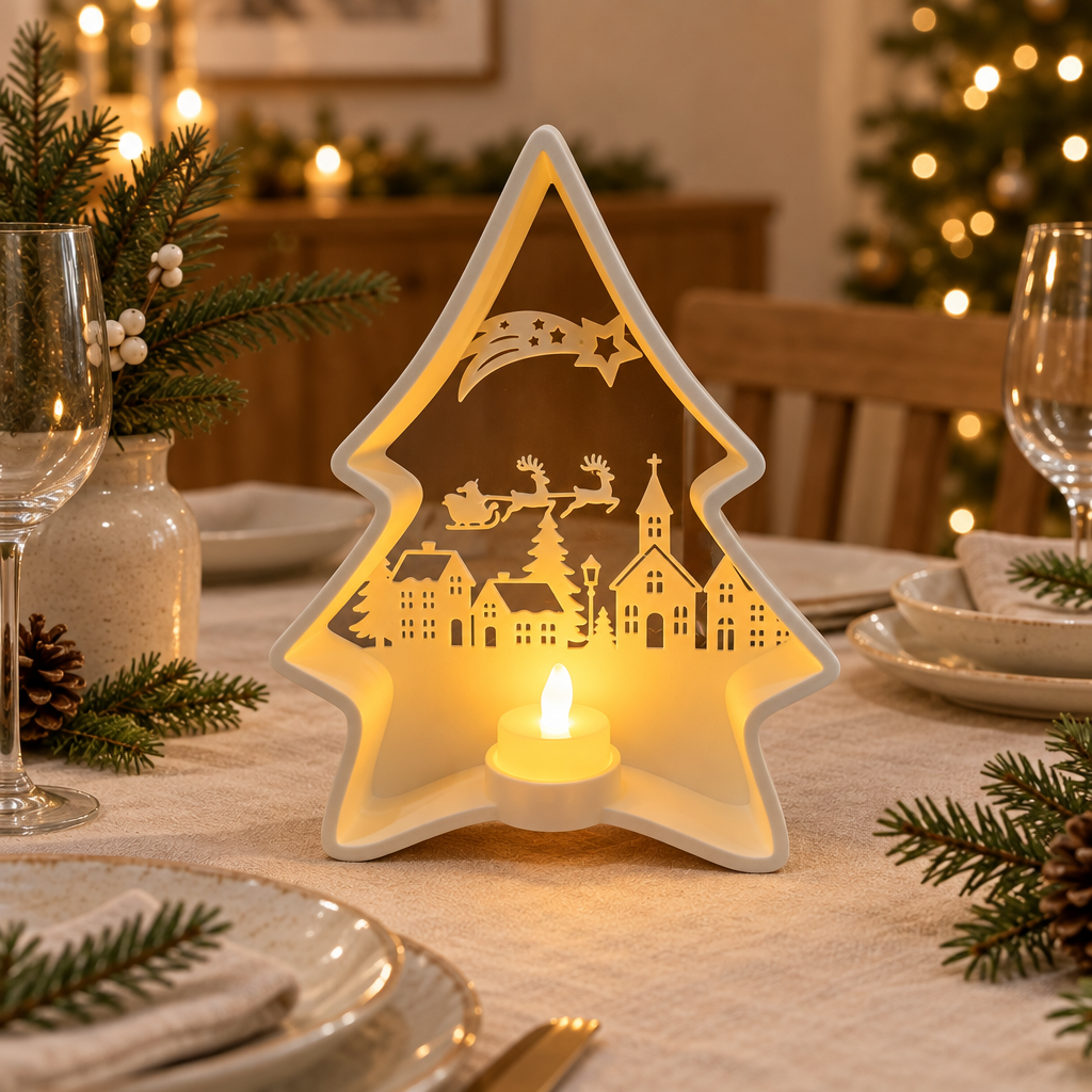 Glowing tree-shaped tealight holder styled as a Christmas dining-table accent
