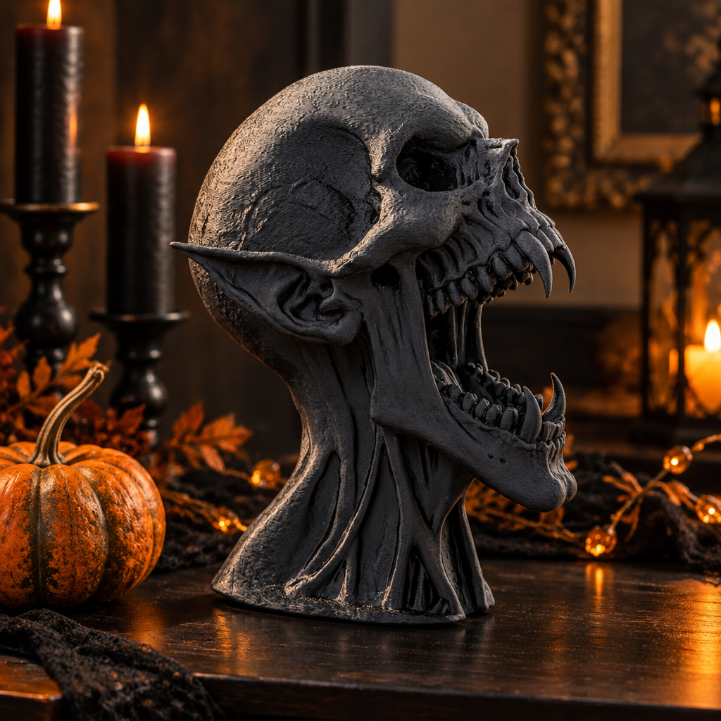 Black Vampire Skull displayed in a gothic-inspired home office