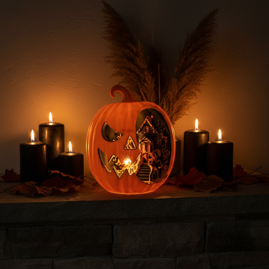 Haunted Jack-o'-Lantern Diorama glowing on dark mantelpiece with candles — Halloween editorial