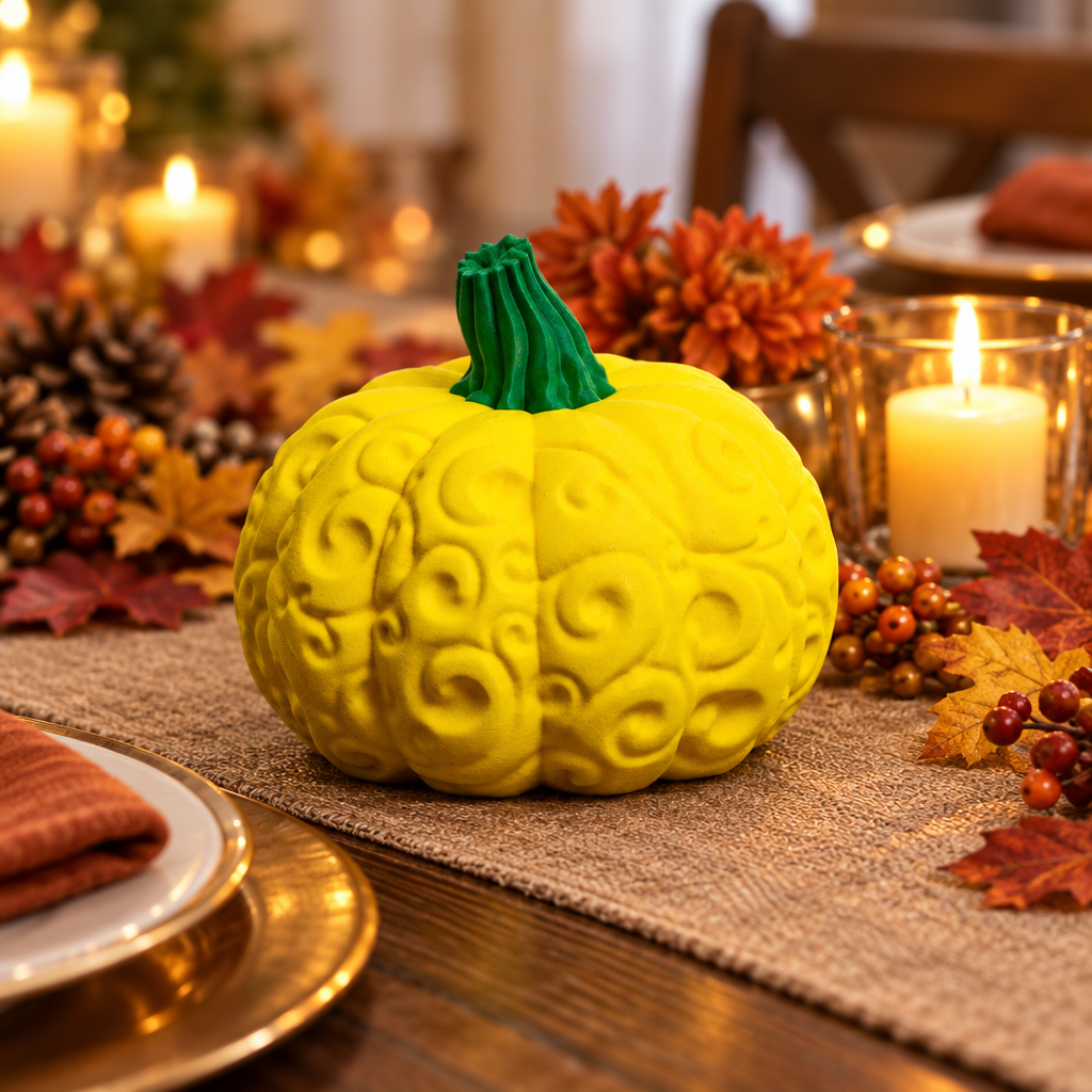 Yellow swirl pumpkin on autumn table