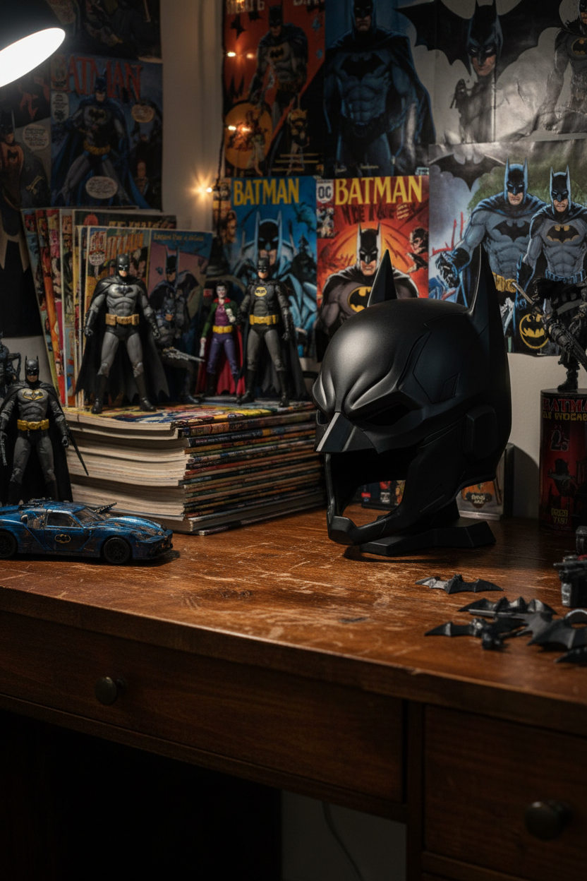 Batman cowl helmet replica sculpture black matte twin bat ears angular visor display base dark wooden desk teenager bedroom comic books action figures posters fan collection display portrait