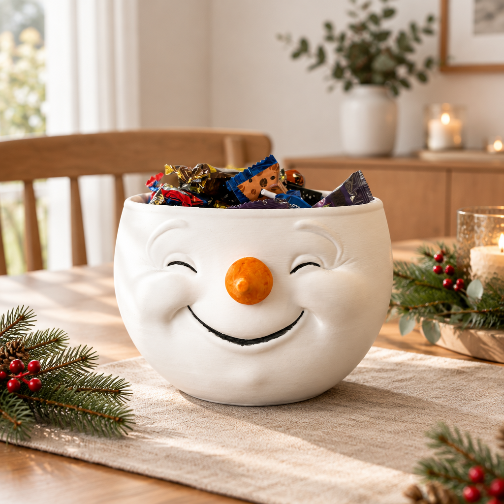 White snowman snack bowl styled on a festive dining table with wrapped chocolates