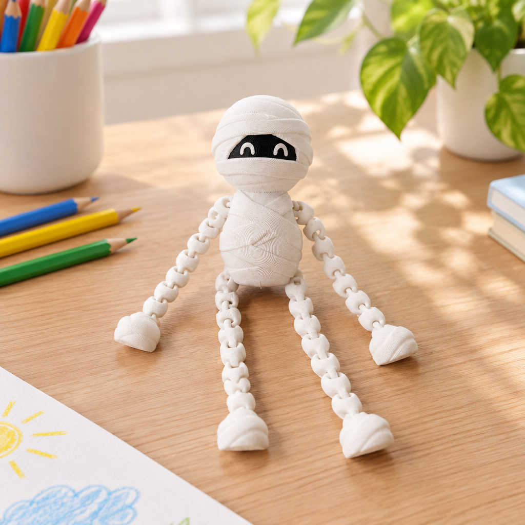 White linked-limb skeleton fidget posed beside pencils on a bright table
