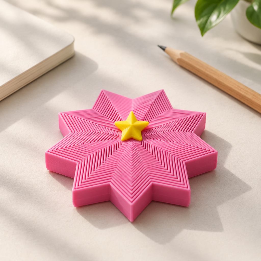 Pink star-shaped fidget spinner with a yellow centre star on a pale minimalist desk