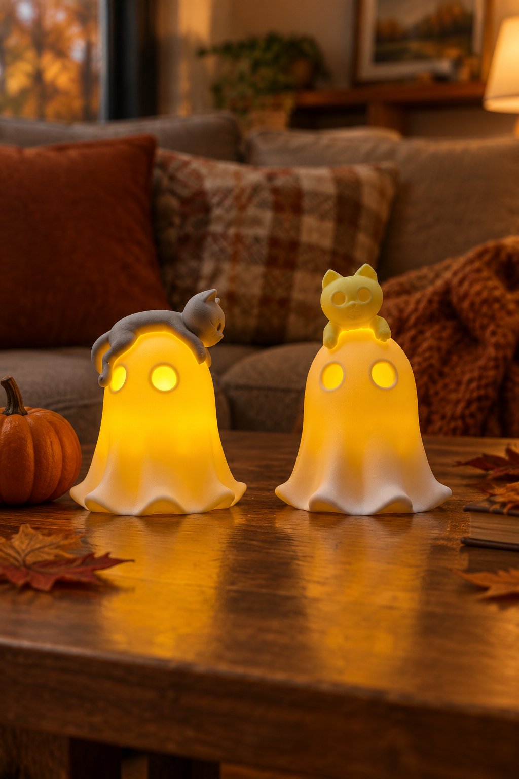 The two cat-topped ghost holders side by side on a coffee table with autumn leaves and pumpkin decor