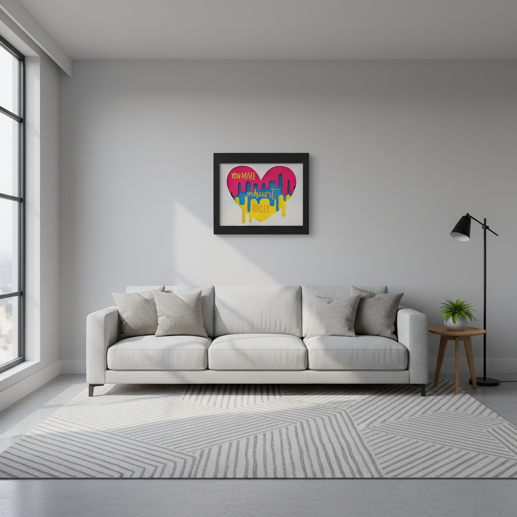 You Make My Heart Melt Shadow Box displayed on light grey wall in modern minimalist living room