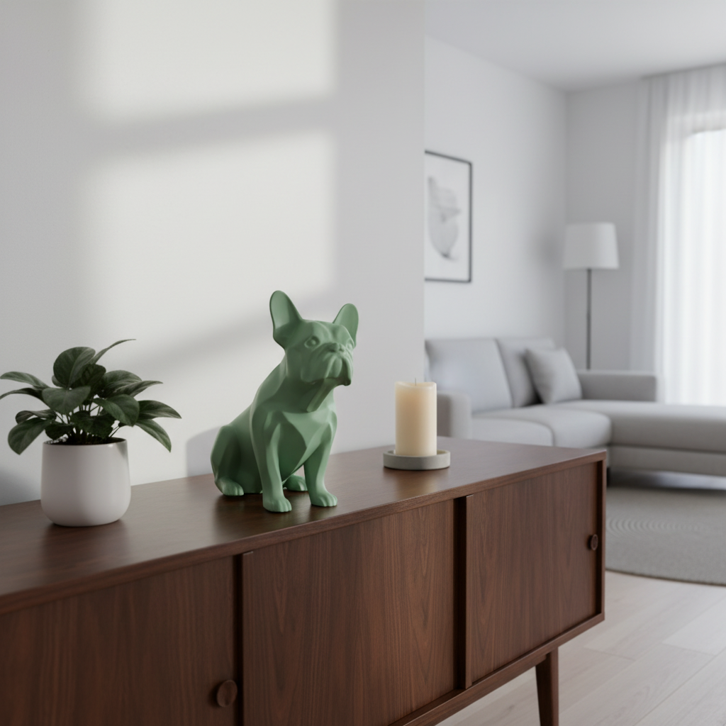 Sage green Frenchie Sculpture on a Scandinavian sideboard with a small plant and candle