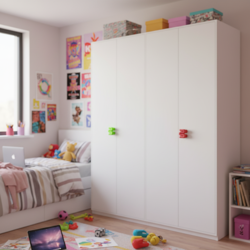Neon green wibble handle on teen bedroom wardrobe - lifestyle