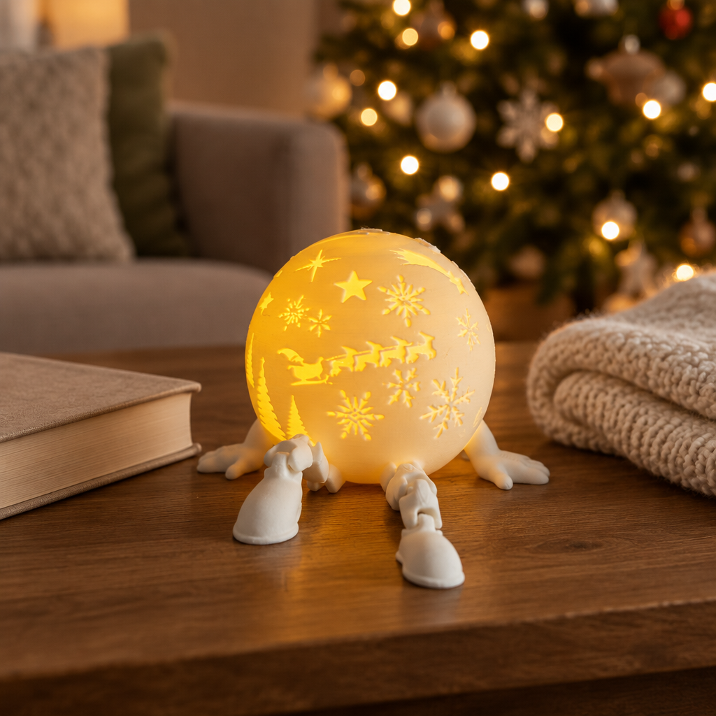 White globe-shaped tealight holder glowing on a cosy living-room coffee table