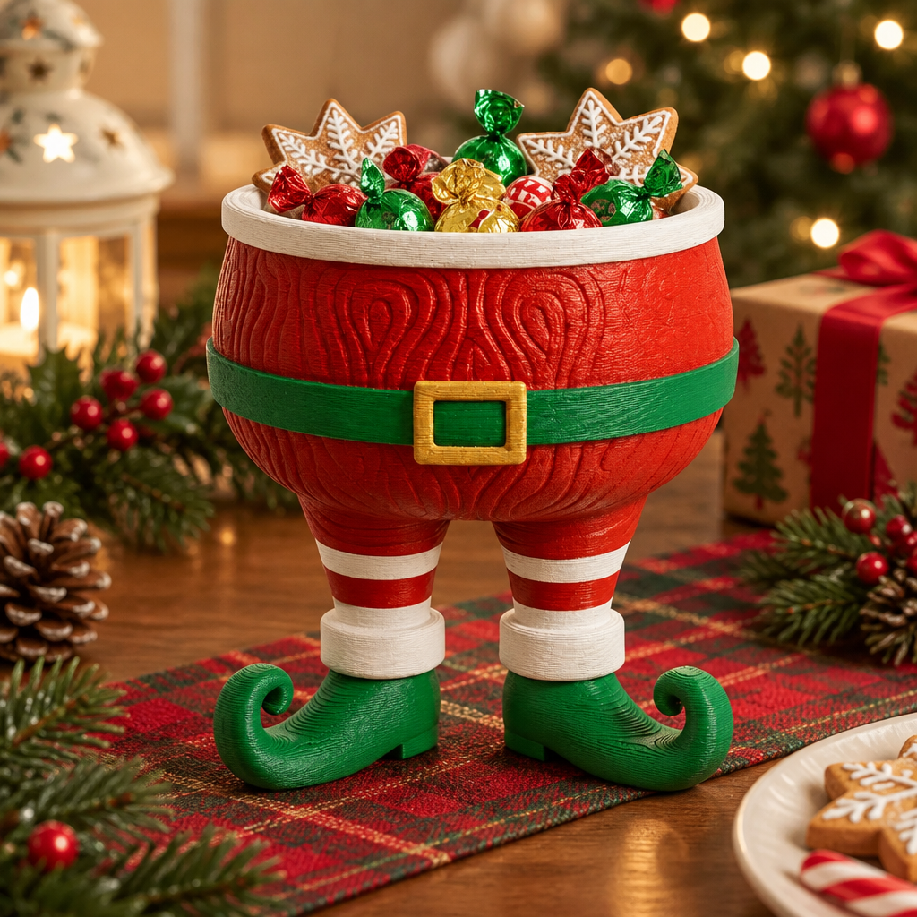 Elevated view showing wrapped sweets inside the Santa bowl with its elf legs visible