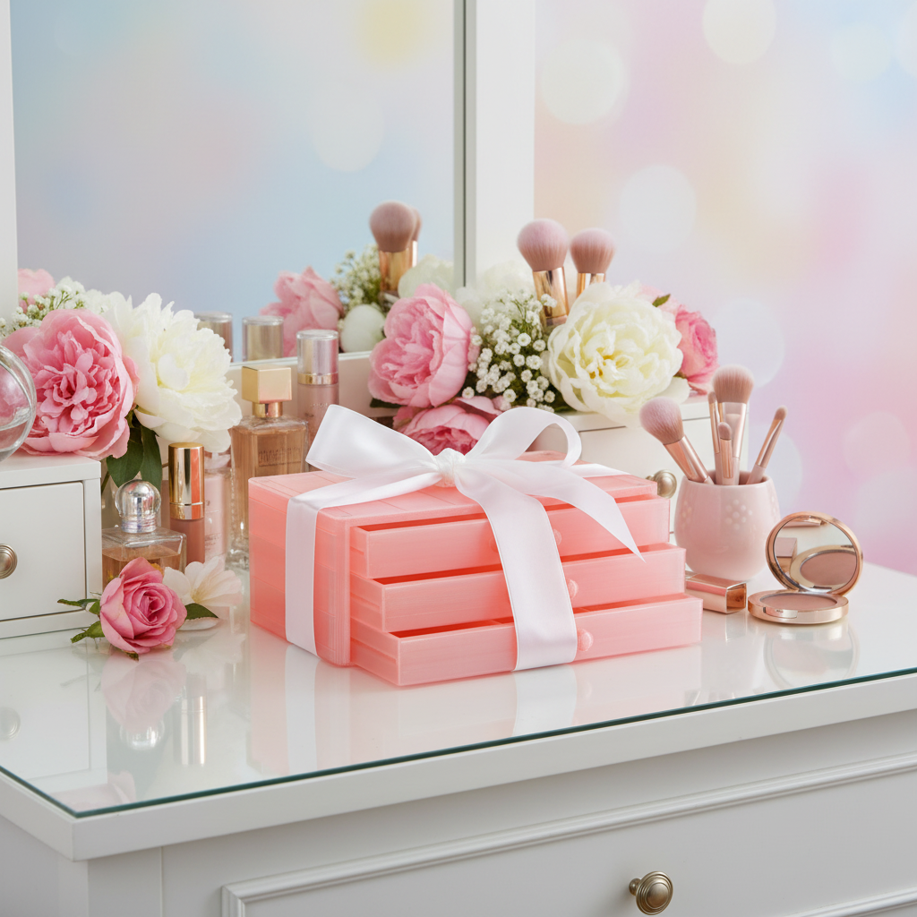 Make-up Organizer presented as a gift with ribbon surrounded by flowers and beauty products