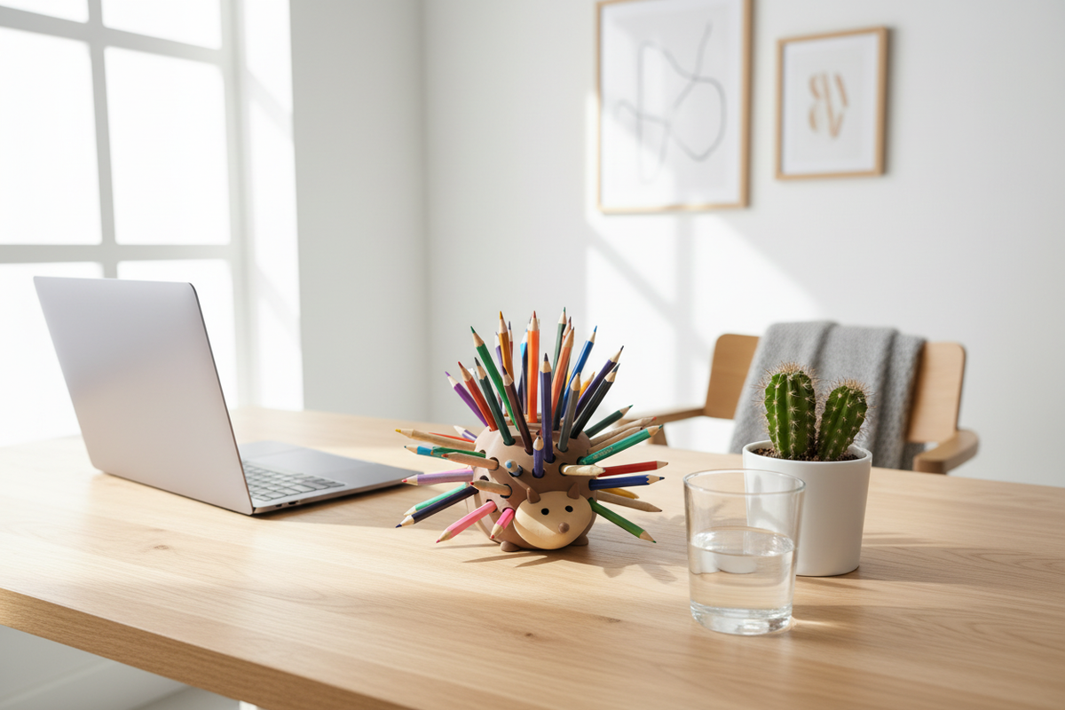 Pencil Hedgehog on a home office desk next to a laptop and cactus