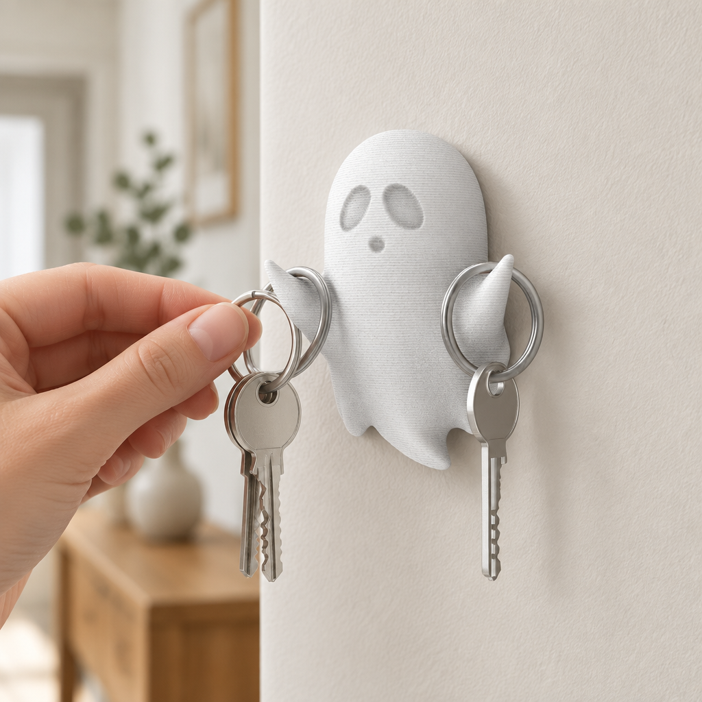 A hand hangs a key ring on the raised arm of the white ghost holder