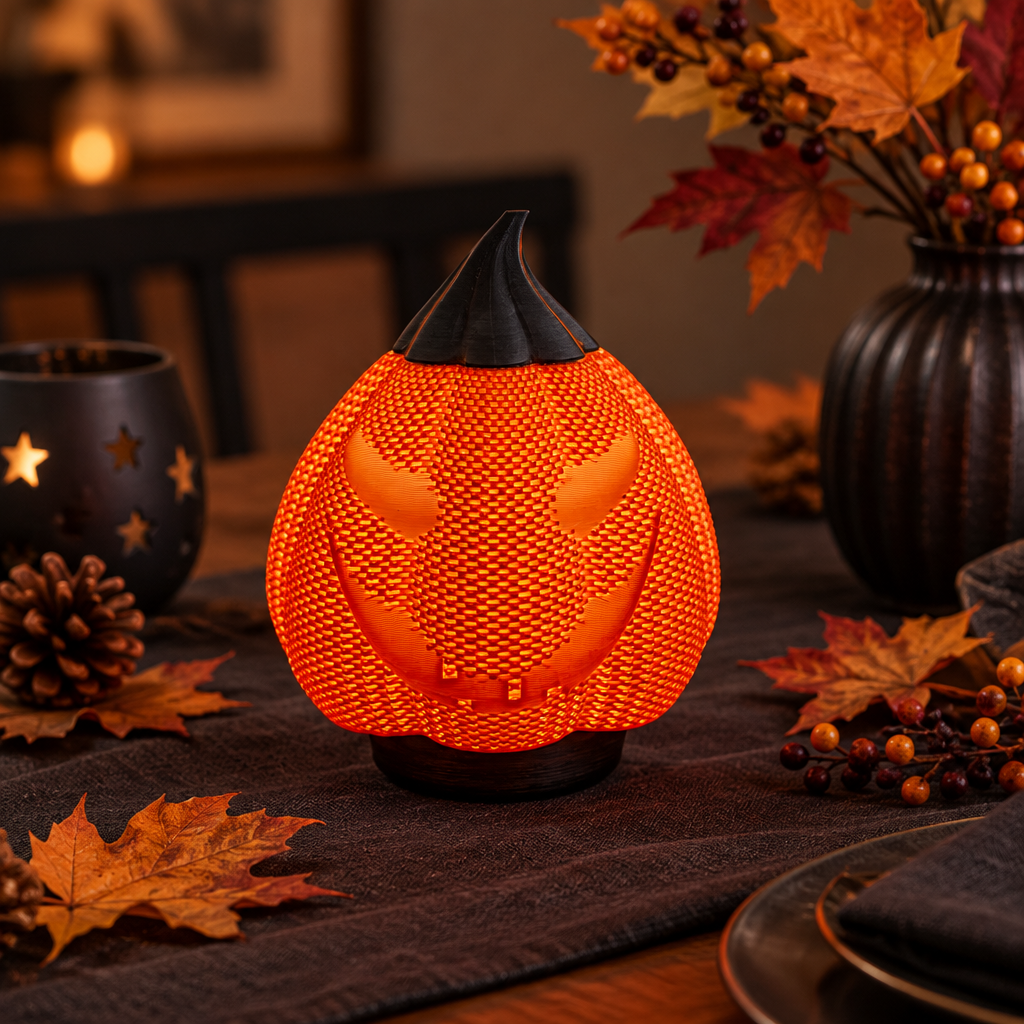 Evil Pumpkin decoration displayed on a dark Halloween table setting