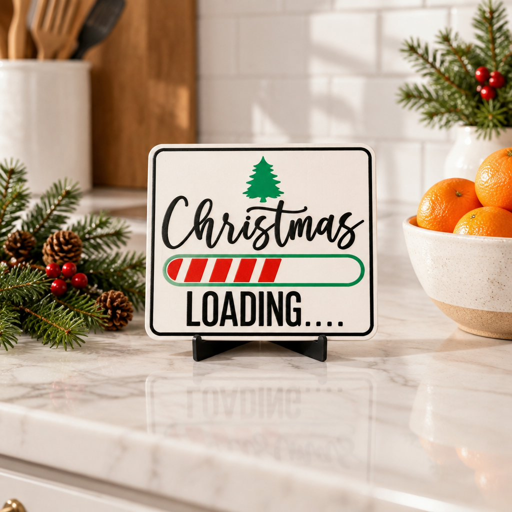 Christmas Loading Sign displayed on a bright kitchen counter with subtle seasonal decor