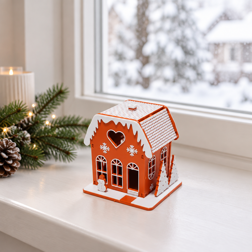 Orange miniature Christmas house on a windowsill with a snowy view
