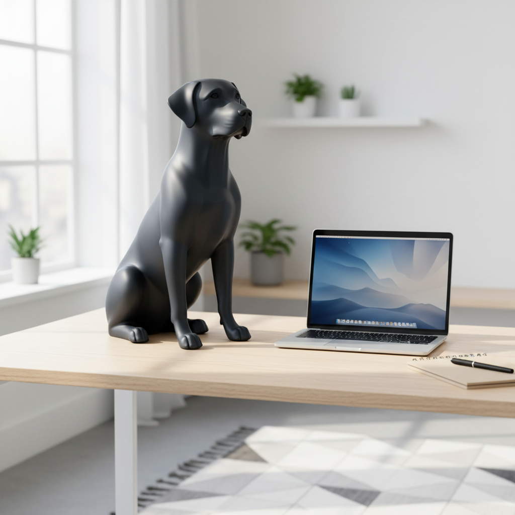 Matte black Labrador statue as a desk companion beside a laptop and notebook