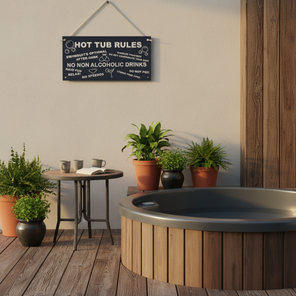 Hot Tub Rules Sign on a rustic hot tub deck with outdoor plants