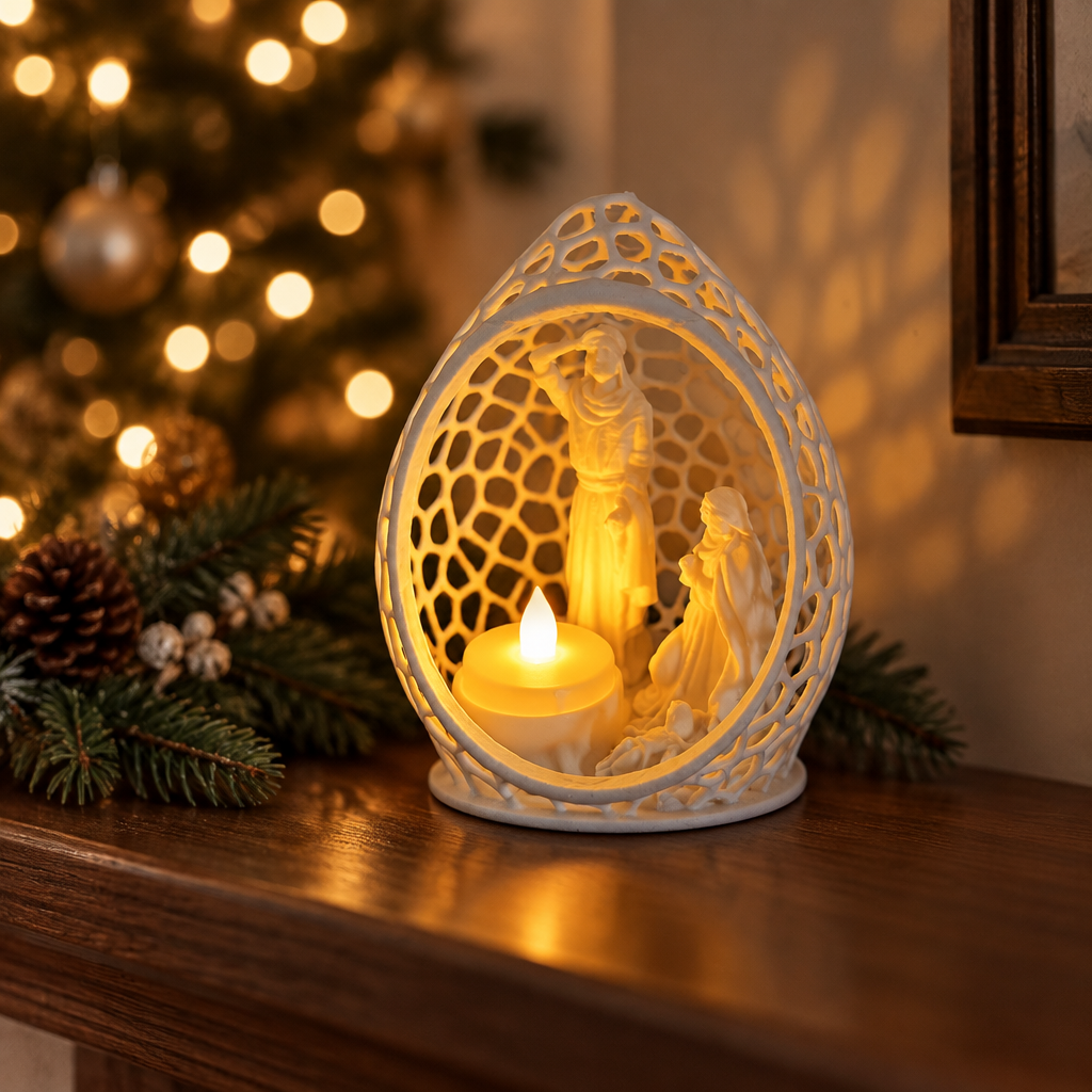 Illuminated oval Nativity display styled near warm Christmas tree lights