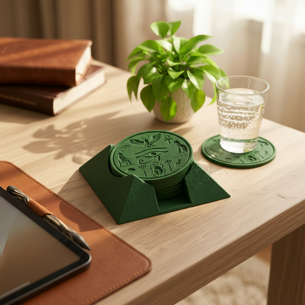 Ancient Egyptian Pyramid Coaster Set - Green colourway lifestyle 2