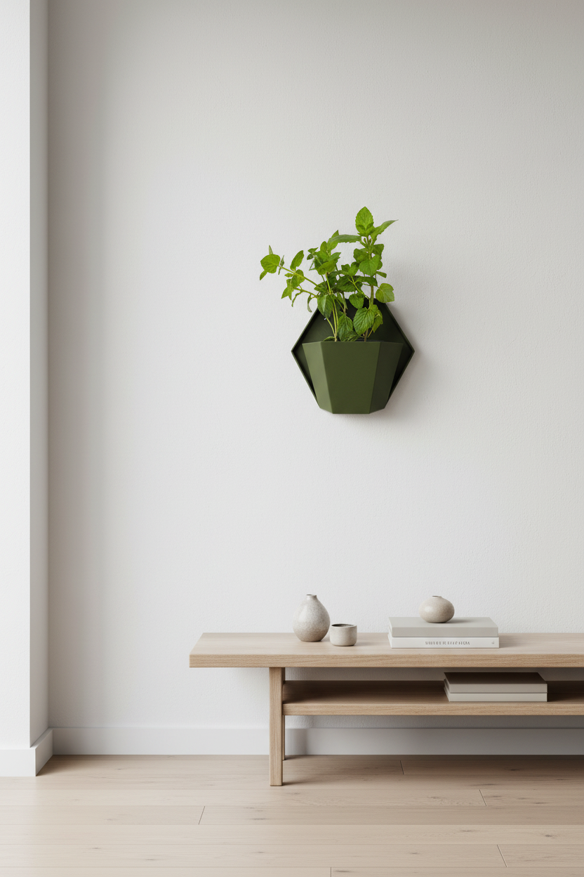 Geometric wall planter with rosemary on a Scandinavian white wall