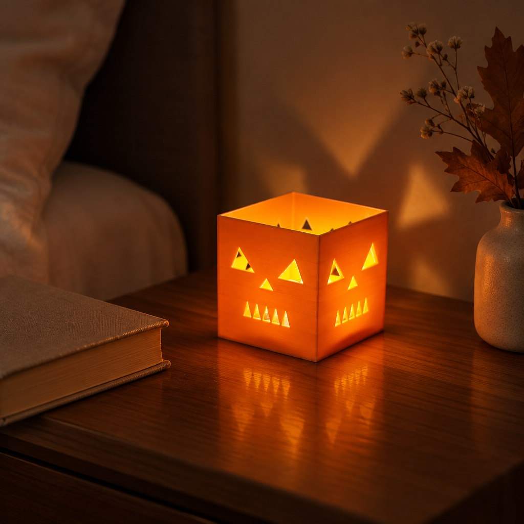 Orange cube pumpkin holder on a bedside table with a flameless LED tealight