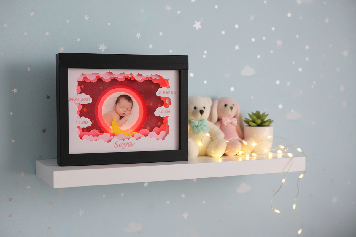 Baby Photo Frame Shadow Box glowing on a nursery shelf with soft toys, a plant and fairy lights