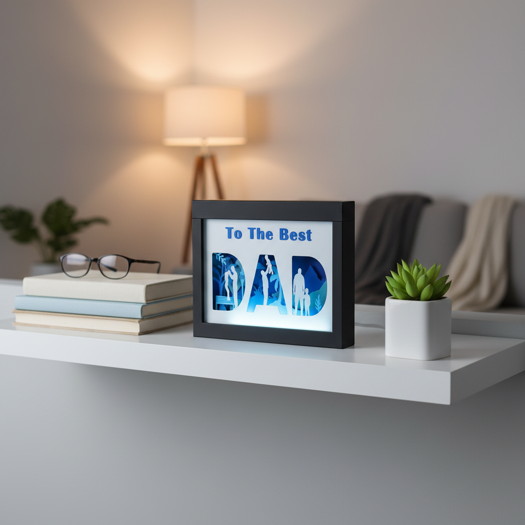 To The Best Dad shadow box displayed on a white living room shelf with books and a small plant