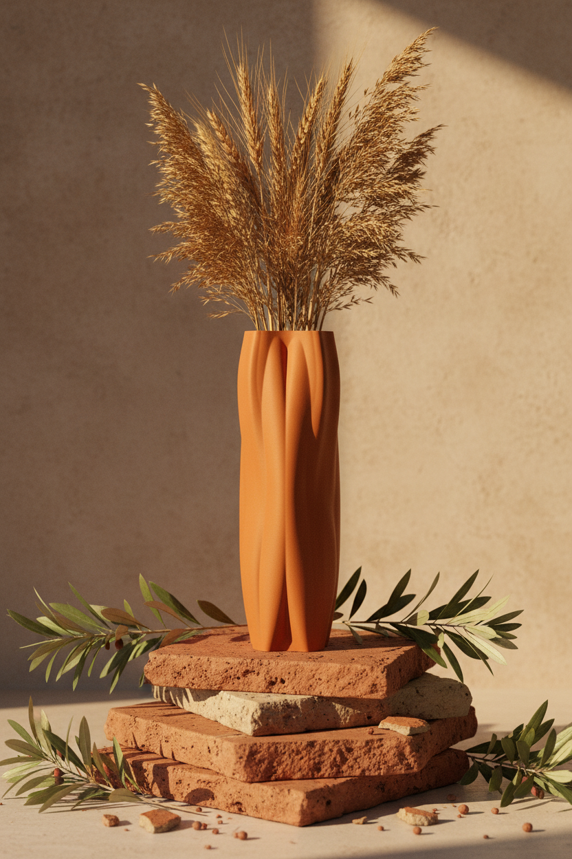 Terracotta wave vase with dried grasses in Mediterranean light - lifestyle