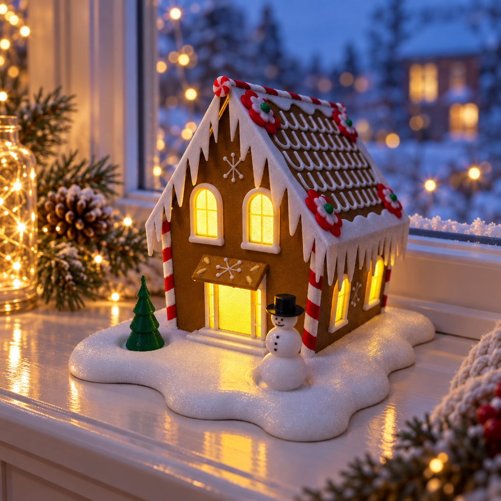 Gingerbread cabin tealight holder glowing on a windowsill at winter dusk