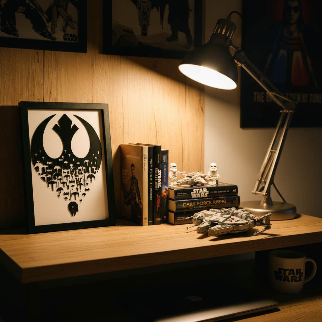 Sparks of Rebellion shadow box on a bedroom shelf beside Star Wars books and Lego sets