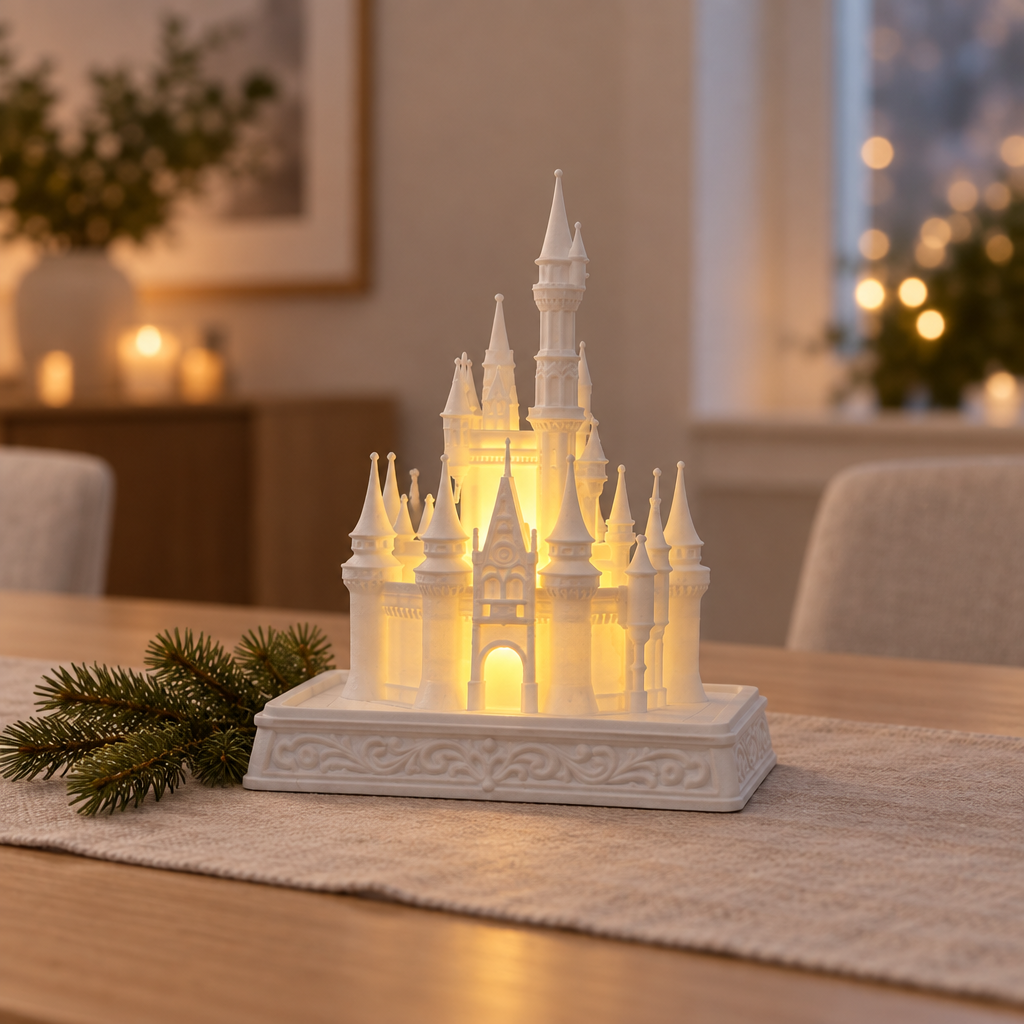 White castle tealight holder as a subtle winter dining-table centrepiece